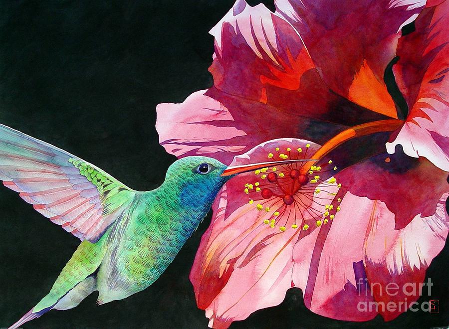 900x660 Hummingbird And Hibiscus Painting By Robert Hooper - Hibiscus Watercolor Painting