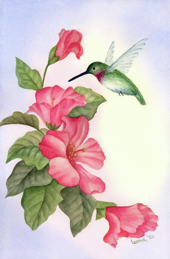 592x900 Hummingbird With Hibiscus Painting By Leona Jones - Hibiscus Watercolor Painting