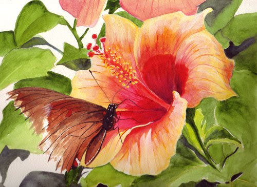 500x365 Bunny's Artwork Butterfly On Hibiscus Watercolor Painting - Hibiscus Watercolor Painting