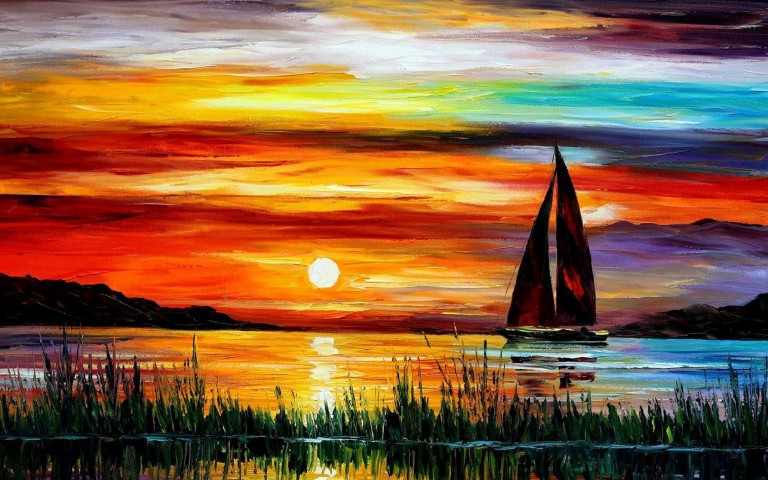 768x480 Painting, Sunset, Sea, Boat, Hd, Wallpaper, Free, High Resolution - High Resolution Painting