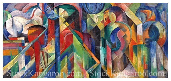 600x286 Stables By Franz Marc Bright Painting Of Horses In A Stable High - High Resolution Painting