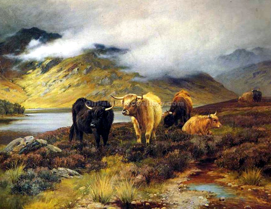900x693 Highland Cattle By A Loch By Wright Barker (Painting Id An 2275 Ka) - Highland Cattle Painting