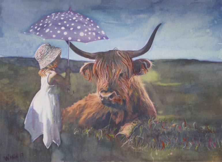 770x565 Saatchi Art Girl With Highland Cow Painting By Penny Winn - Highland Cattle Painting