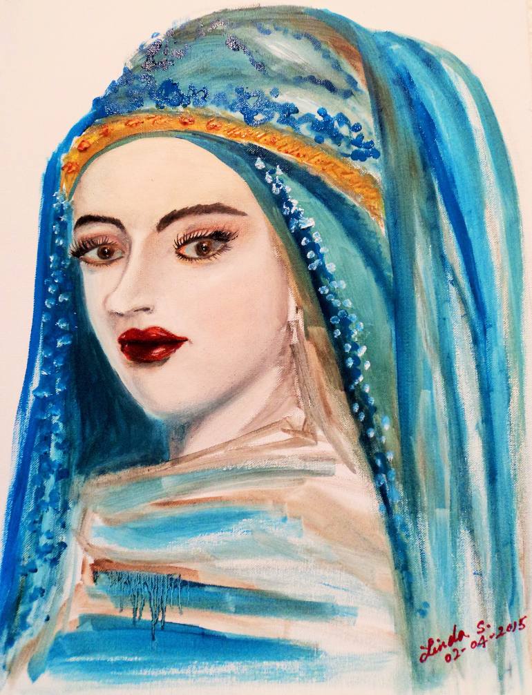 770x1007 Saatchi Art Blue Hijab Girl Painting By Linda Lin - Hijab Painting