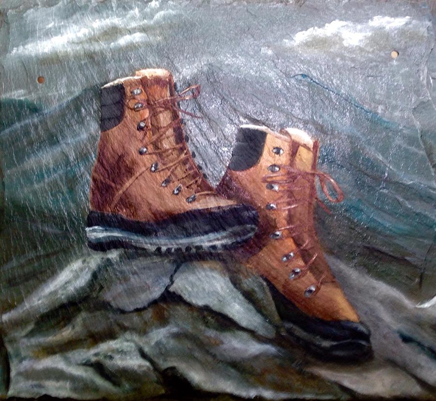 900x828 Hiking Boots On Mountain Top Painting By Gino Didio - Hiking Painting
