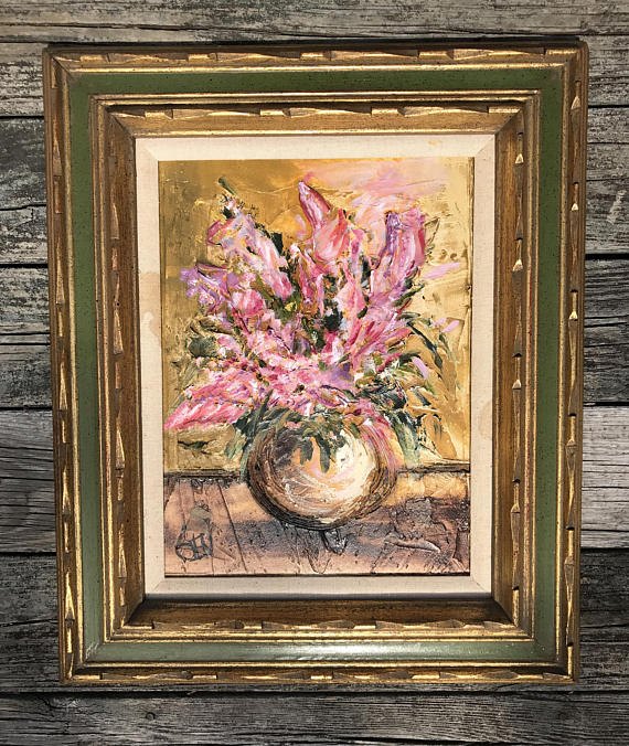 570x676 Signed Etta Cien Benjamin Original Oil Painting Floral Still - Hillside Original Painting Cien