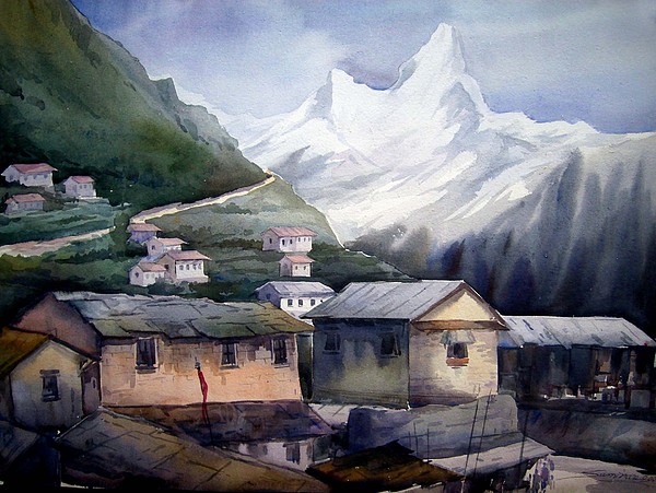600x451 Beauty Of Himalayan Village Painting By Samiran Sarkar - Himalaya Painting