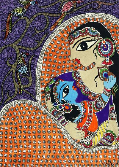 400x563 Madhubani Painting Of Hindu Mother And Child From India - Hindu Painting