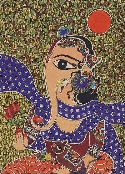 400x556 Signed Madhubani Painting Of Hindu God Ganesha From India - Hindu Painting