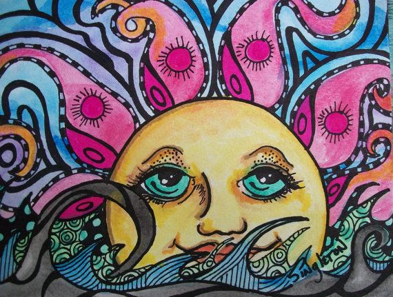 570x431 Psychedelic Sun And Sea Singleton Hippie Art By Justgivemepeace - Hippie Painting