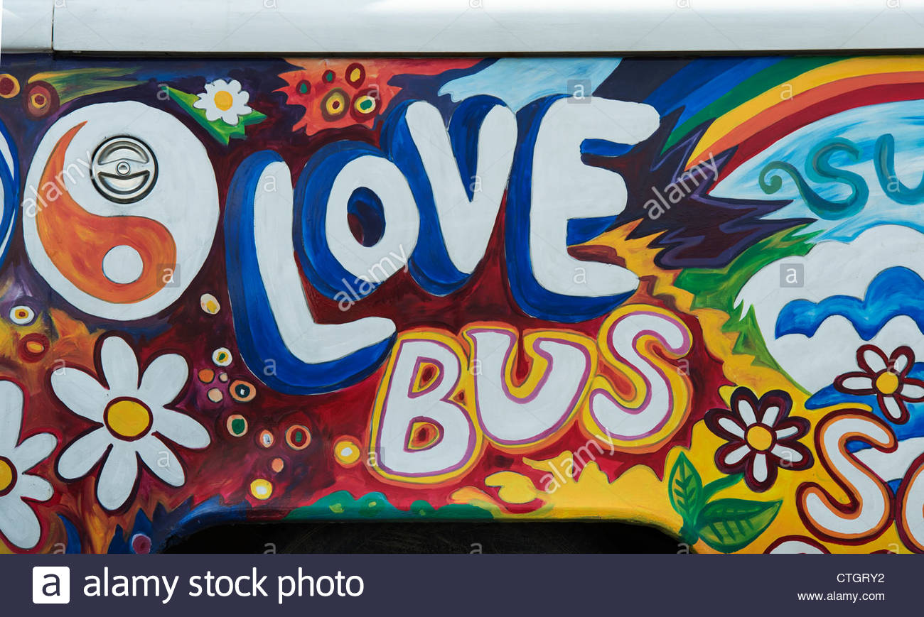 1300x869 Vw Volkswagen Camper Van Painted Love Bus Hippie Style Stock Photo - Hippie Painting