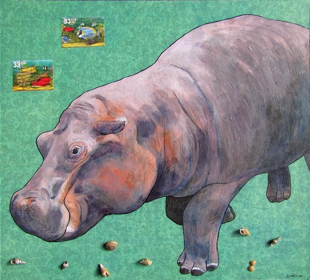 628x568 Just Keep Swimming Acrylic Collage Animal Hippo Painting - Hippo Painting