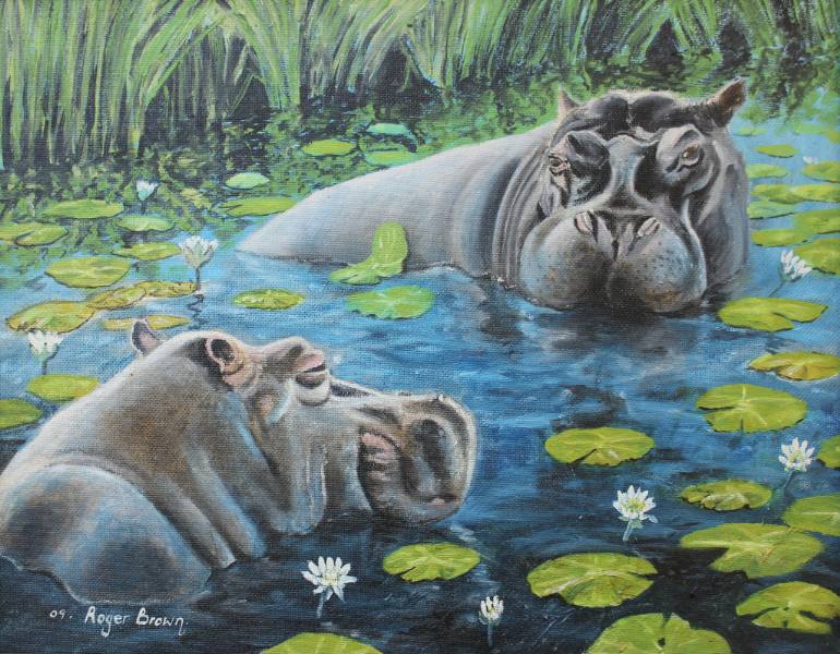 770x600 Saatchi Art The Hippo Pool Painting By Roger Brown - Hippo Painting
