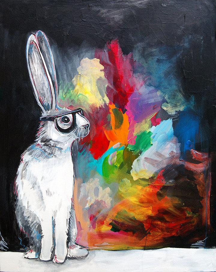720x909 Hipster Rabbit Painting 11x17 Print Long Eared Hare Wearing - Hipster Painting