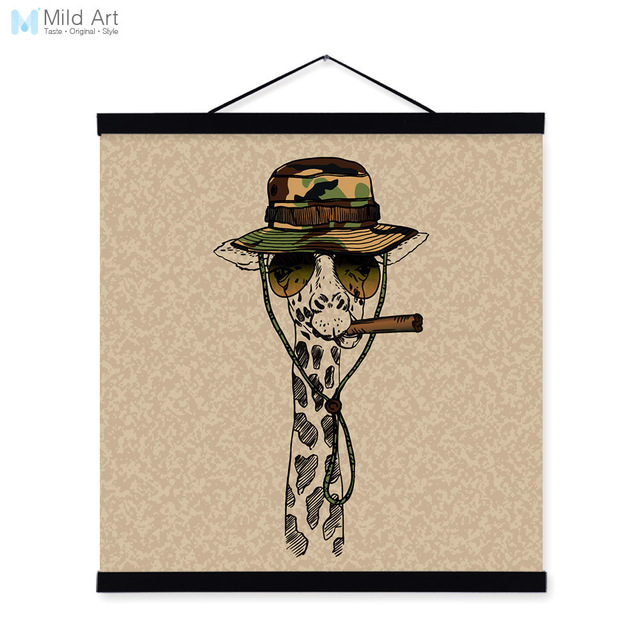 640x640 Vintage Retro Hipster Animal Portrait Giraffe Head Wooden Framed - Hipster Painting