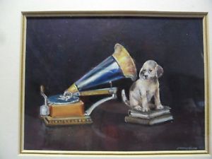 300x225 James J Allen Signed Oil On Board Masters Dog - His Masters Voice Painting