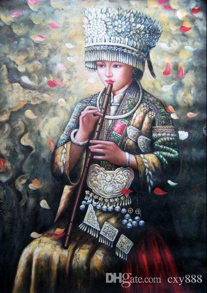 422x597 2018 Framed Beautiful Chinese Hmong Girl Playing Flute,100 - Hmong Art Painting