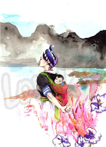 360x498 Hmong Art Painting Watercolor Mother Daughter By Studiolorlao - Hmong Art Painting