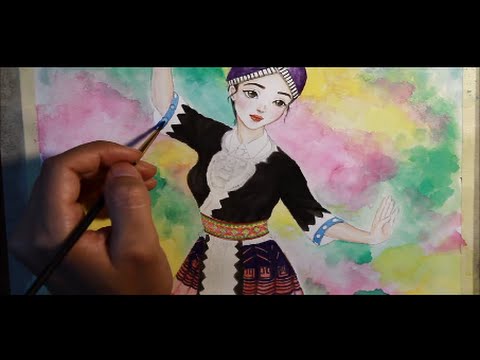 480x360 Watercolor Painting Hmong Dancer - Hmong Art Painting