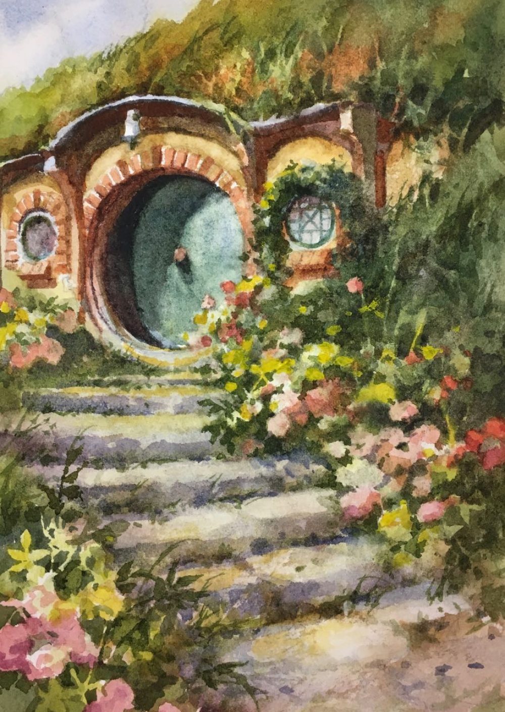 1000x1409 Hobbit House 4 Hobbiton New Zealand Roland Lee - Hobbit Hole Painting