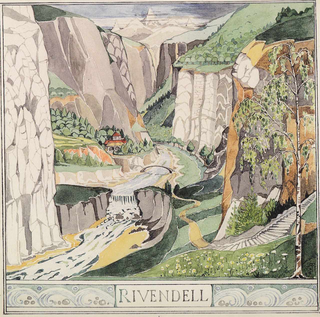 1280x1267 Rivendell Painted By Tolkien. Art By J.r.r. Tolkien. Scanned - Hobbit Painting