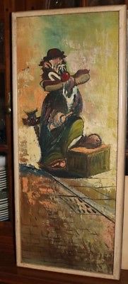 181x400 Vintage Painting Clown Hobo Mid Century Oil 1960's Original - Hobo Painting