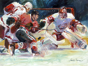 300x224 Crashing The Net Painting By Gordon France - Hockey Goalie Painting