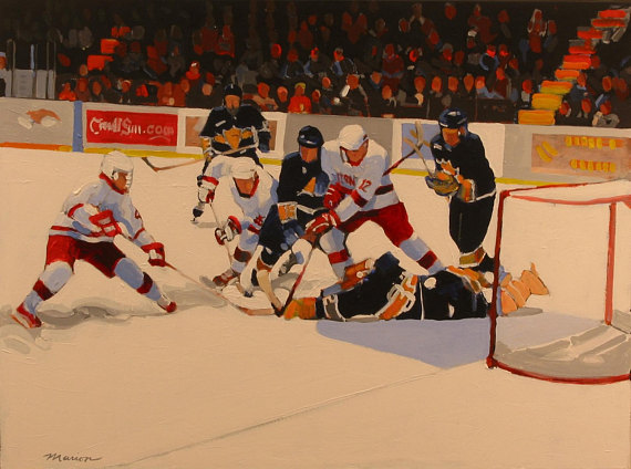 570x424 Ice Hockey Original Painting In The Crease 30x40 - Hockey Painting