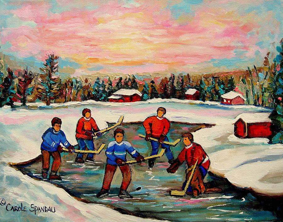 900x707 Pond Hockey Countryscene Painting By Carole Spandau - Hockey Painting