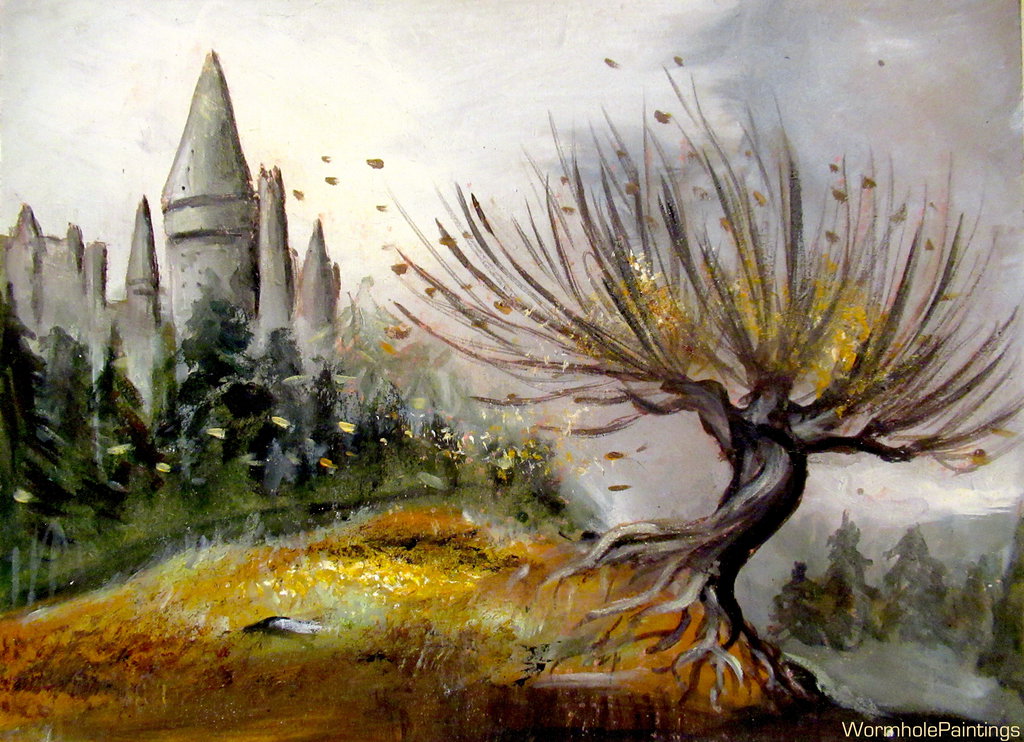 1024x742 Whomping Willow And Hogwarts Castle By Wormholepaintings - Hogwarts Castle Painting