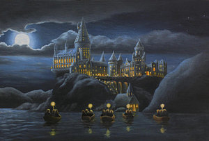 300x203 Hogwarts At Night Painting By Karen Coombes - Hogwarts Castle Painting