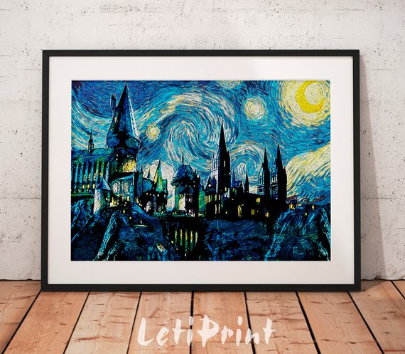 570x497 Hogwarts Starry Night Print Harry Potter Print Hogwarts - Hogwarts Starry Night Painting