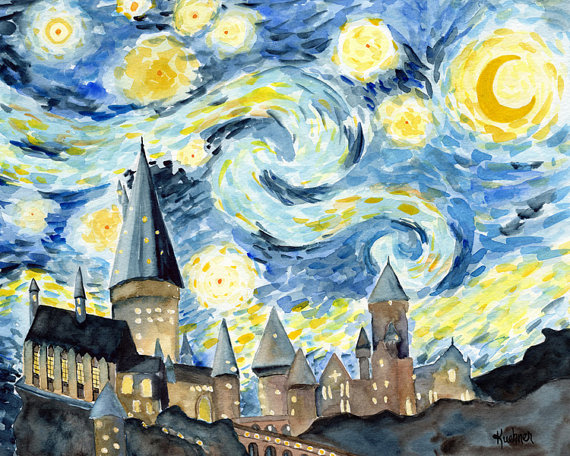 570x456 Hogwarts Starry Night Watercolor Art Print Harry Potter - Hogwarts Starry Night Painting