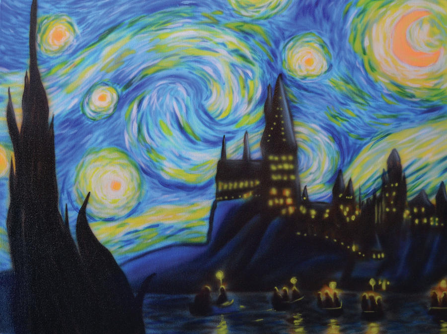 900x674 Syfy Starry Night In Hogwarts Painting By Shawn Palek - Hogwarts Starry Night Painting