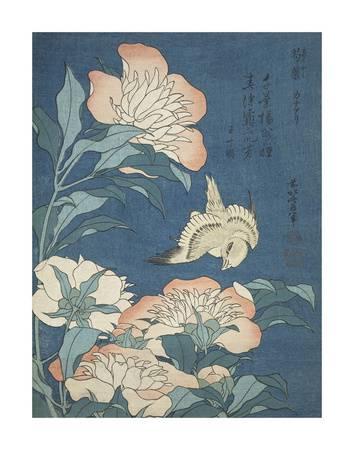 354x450 Peonies And Canary Art Print By Katsushika Hokusai - Hokusai Painting
