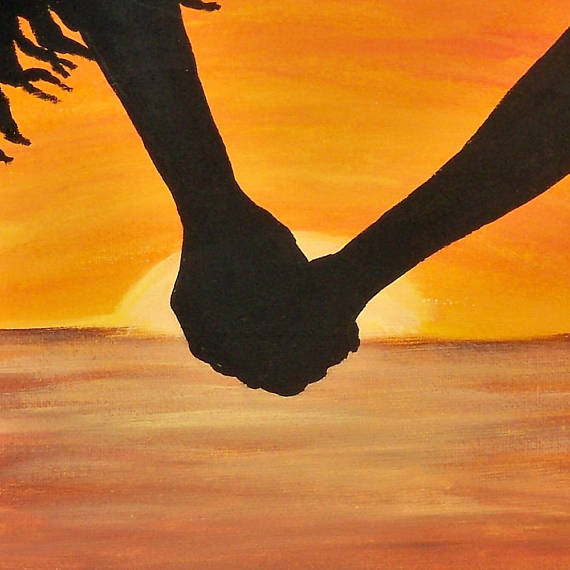 570x570 Original Folk Art Painting Holding Hands Beach Silhouette - Holding Hands Painting