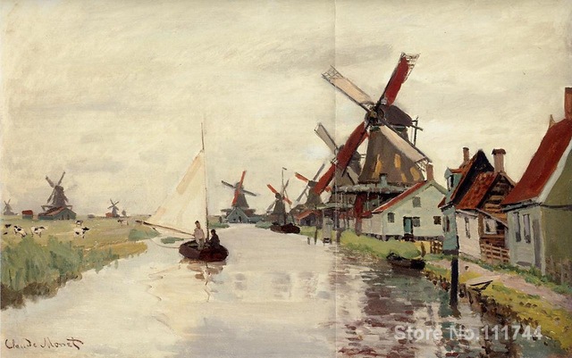 640x401 Landscape Painting Impressionist Windmills In Holland Claude Monet - Holland Painting