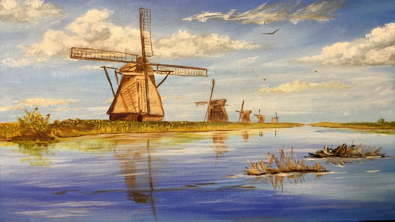 1280x720 Windmills Of Holland, Collaboration, Acrylic Painting, Clive5art - Holland Painting