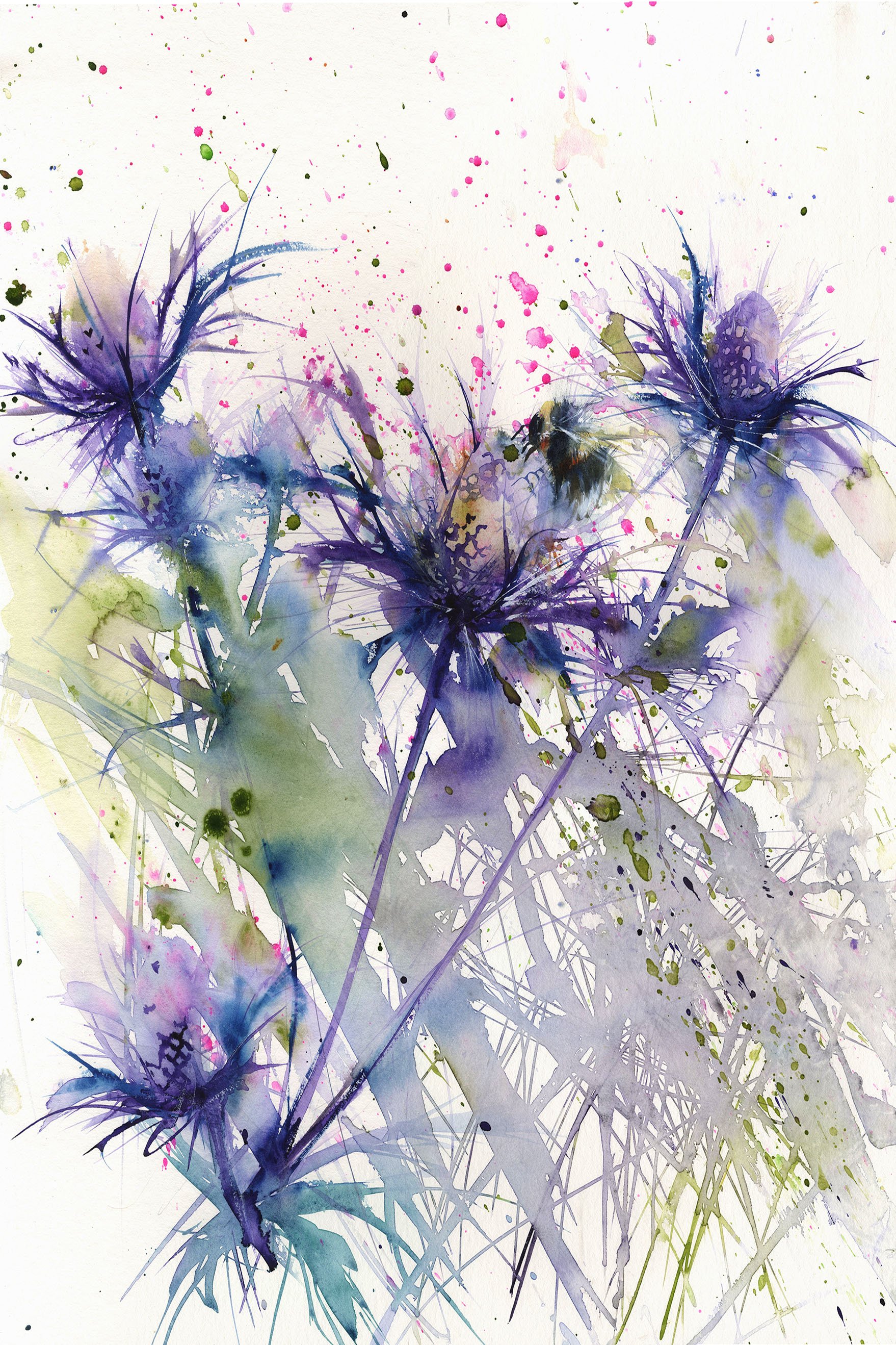 1758x2637 Contemporary Print From Original Watercolour Bumble Bee On A Sea Holly - Holly Painting