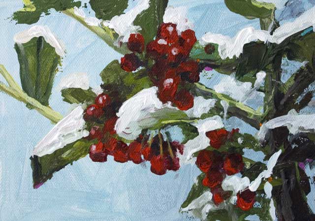 640x449 John K. Harrell Fine Art Snow Covered Holly 5 X 7 Acrylic - Holly Painting
