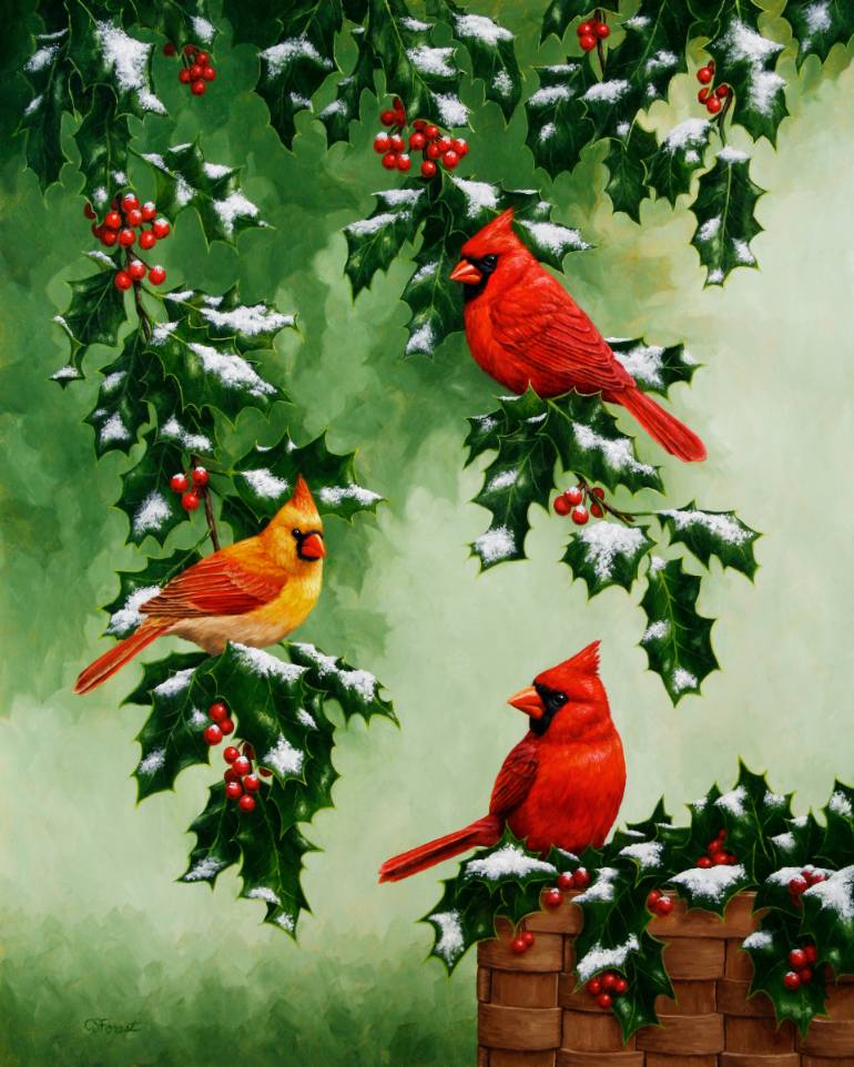 770x962 Saatchi Art Cardinals And Holly Painting By Crista Forest - Holly Painting