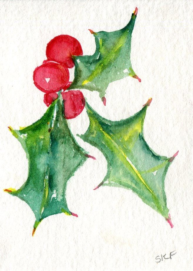 657x924 Aceo Holly, Red Berries Watercolor Painting Original, Small - Holly Painting