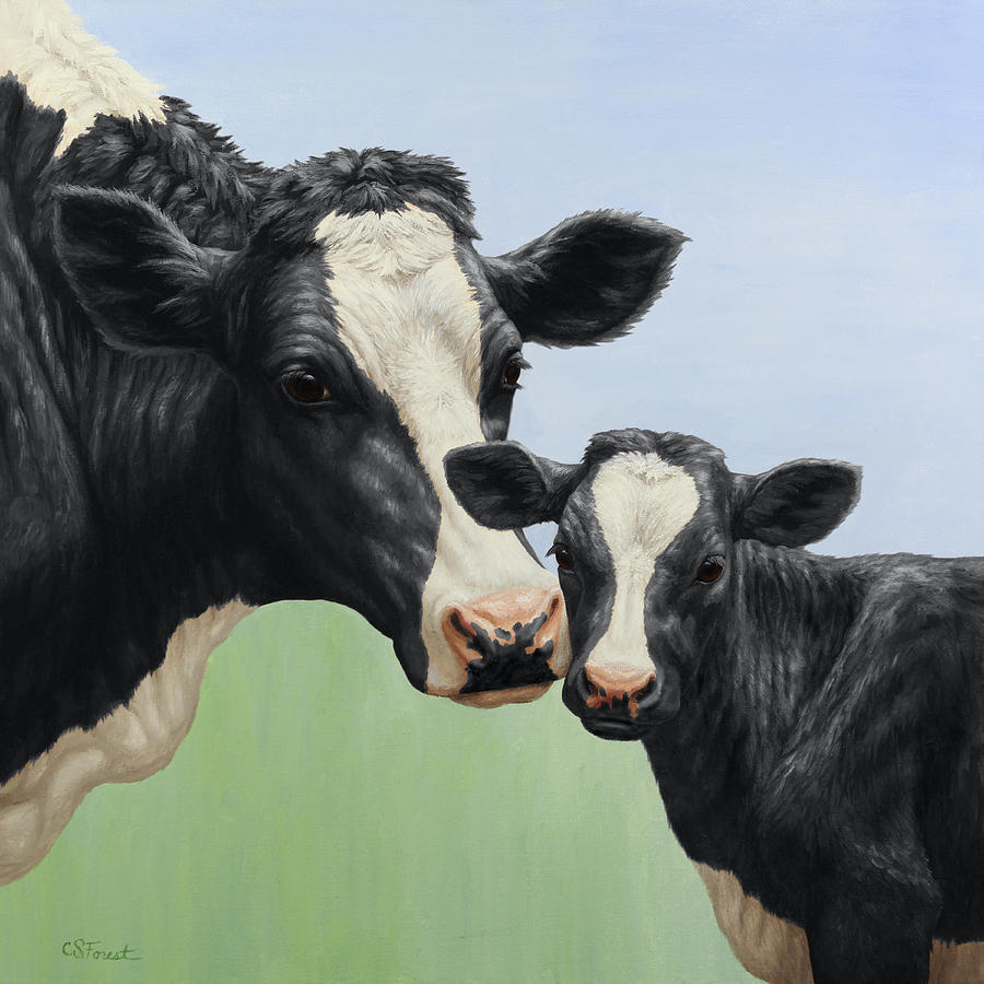 900x900 Holstein Cow And Calf Painting By Crista Forest - Holstein Cow Painting