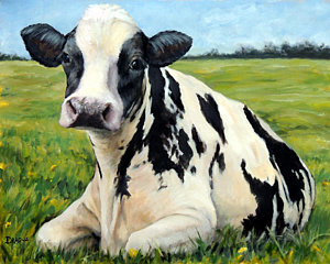 300x240 Holstein Cow Relaxing In Field Painting By Dottie Dracos - Holstein Cow Painting
