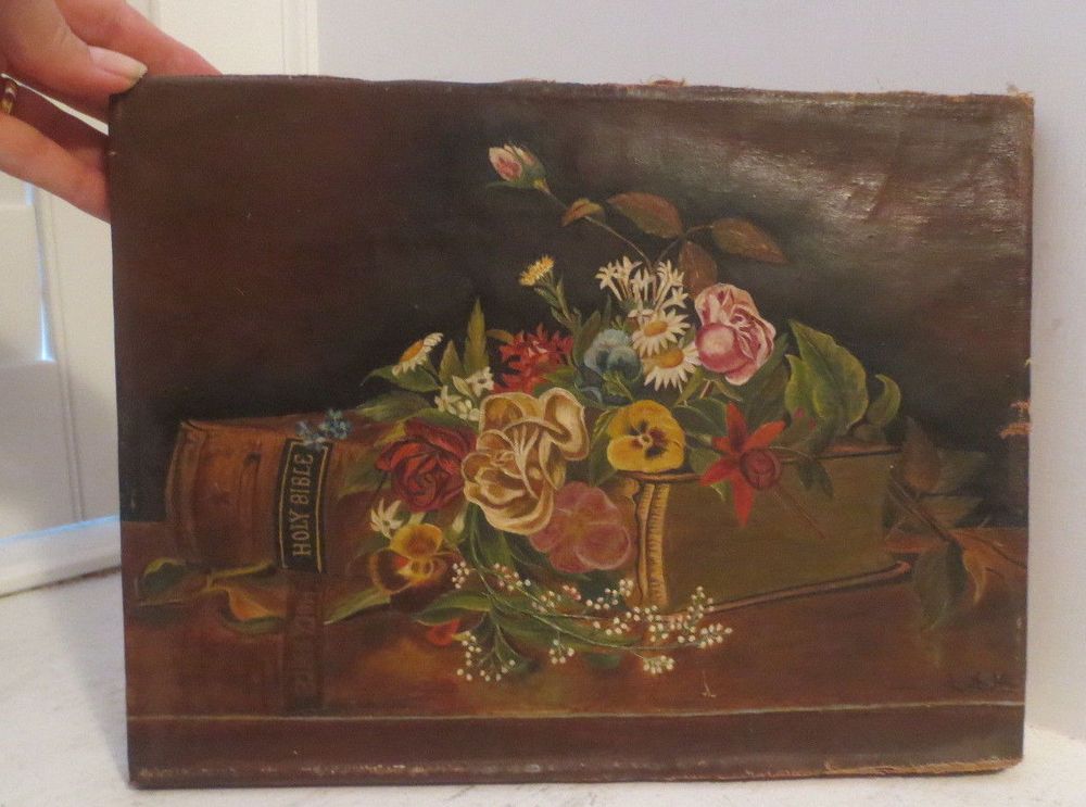 1000x743 Antique Victorian Roses Pansies Daisies Flowers On Holy Bible Oil - Holy Bible Painting