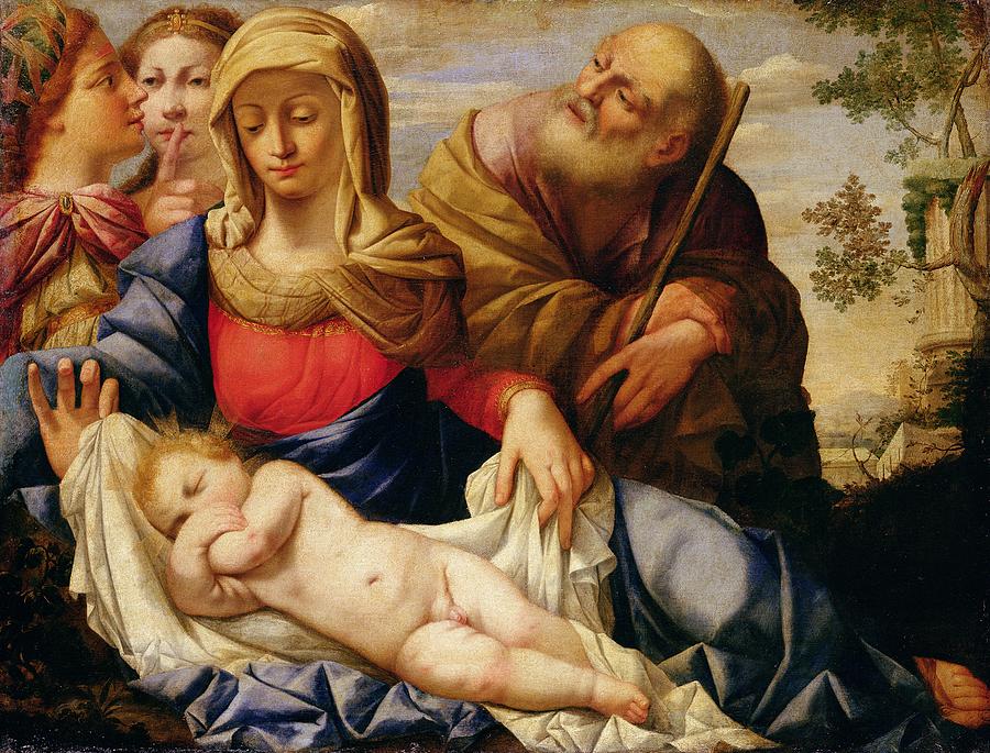 900x685 Holy Family With Two Female Figures Painting By Il Sassoferrrato - Holy Family Painting