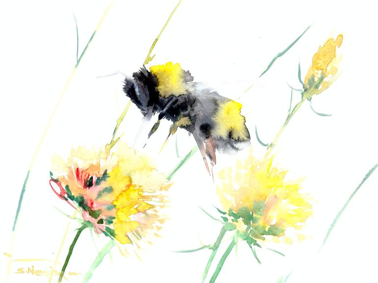 770x577 Saatchi Art Bee And Flowers Painting By Suren Nersisyan - Honey Bee Watercolor Painting