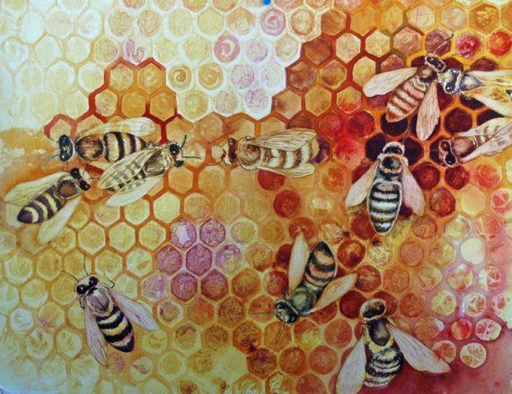 570x439 Save The Bees, An Orignal Watercolor Painting Terveys,hunaja Ja - Honeycomb Painting