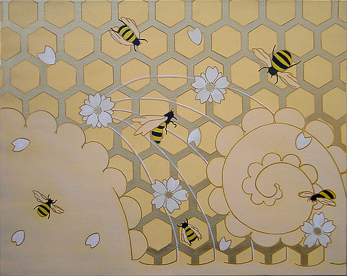 500x397 The Golden Honeycomb Painting Using Mix Medium To Create - Honeycomb Painting