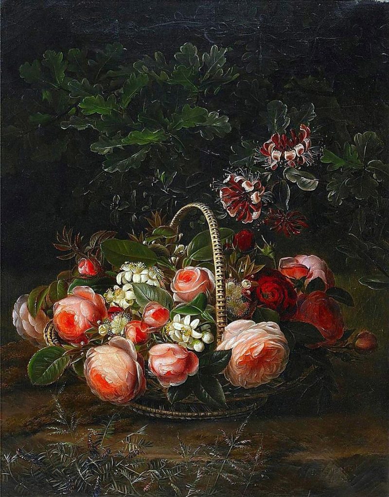800x1022 Still Life With Roses, Honeysuckle And Jasmine In A Basket - Honeysuckle Painting